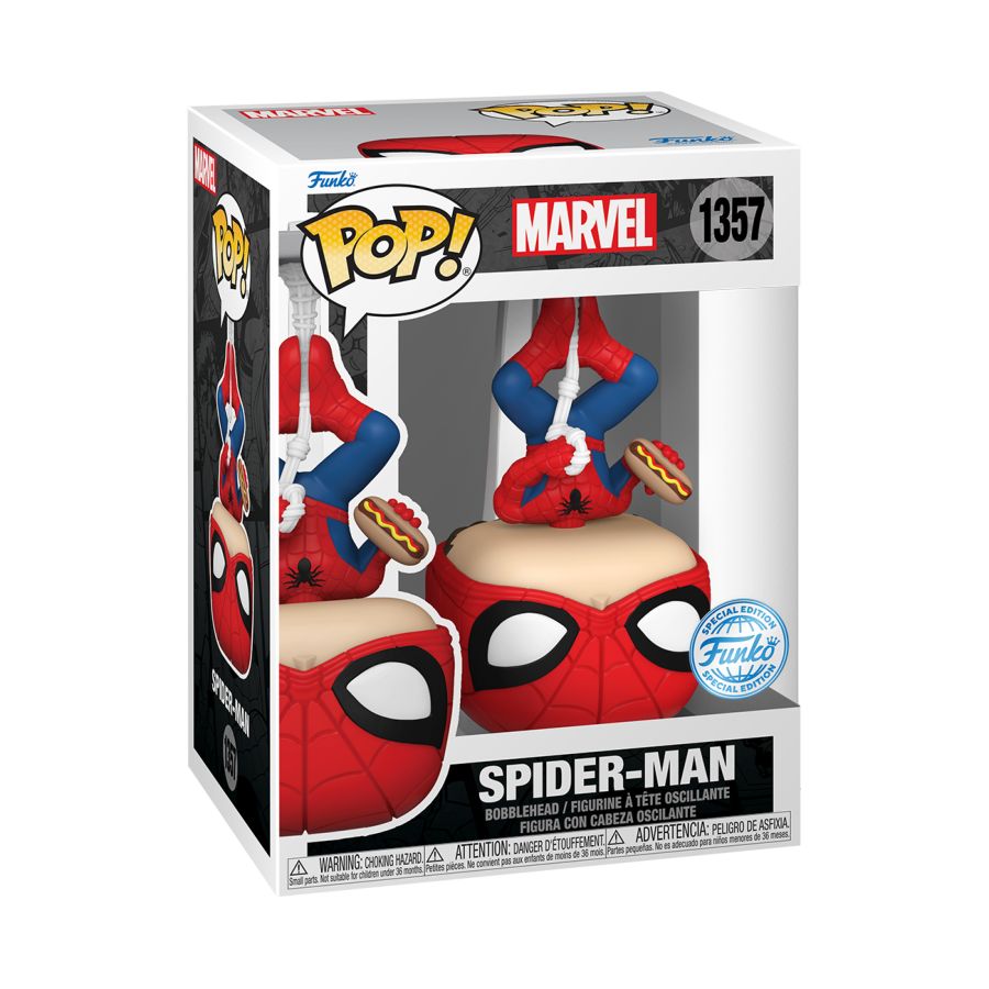 Funko Pop! Vinyl figure of Marvel's Spider-Man Upside Down with Hotdog.
