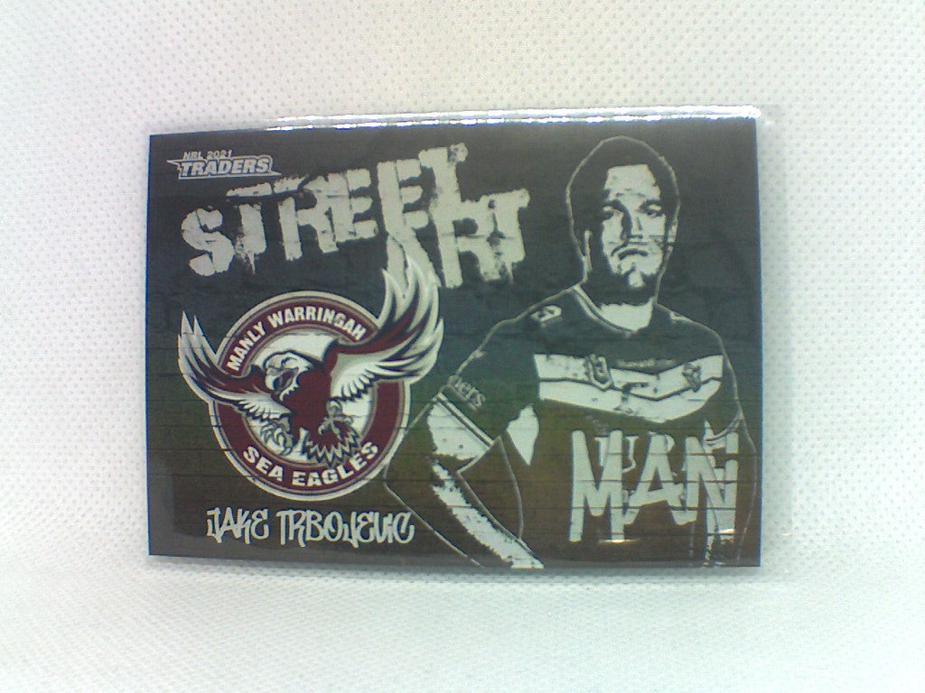 Manly Sea Eagles player Jake Trbojevic from the NRL Traders 2021 trading card series Street Art Black