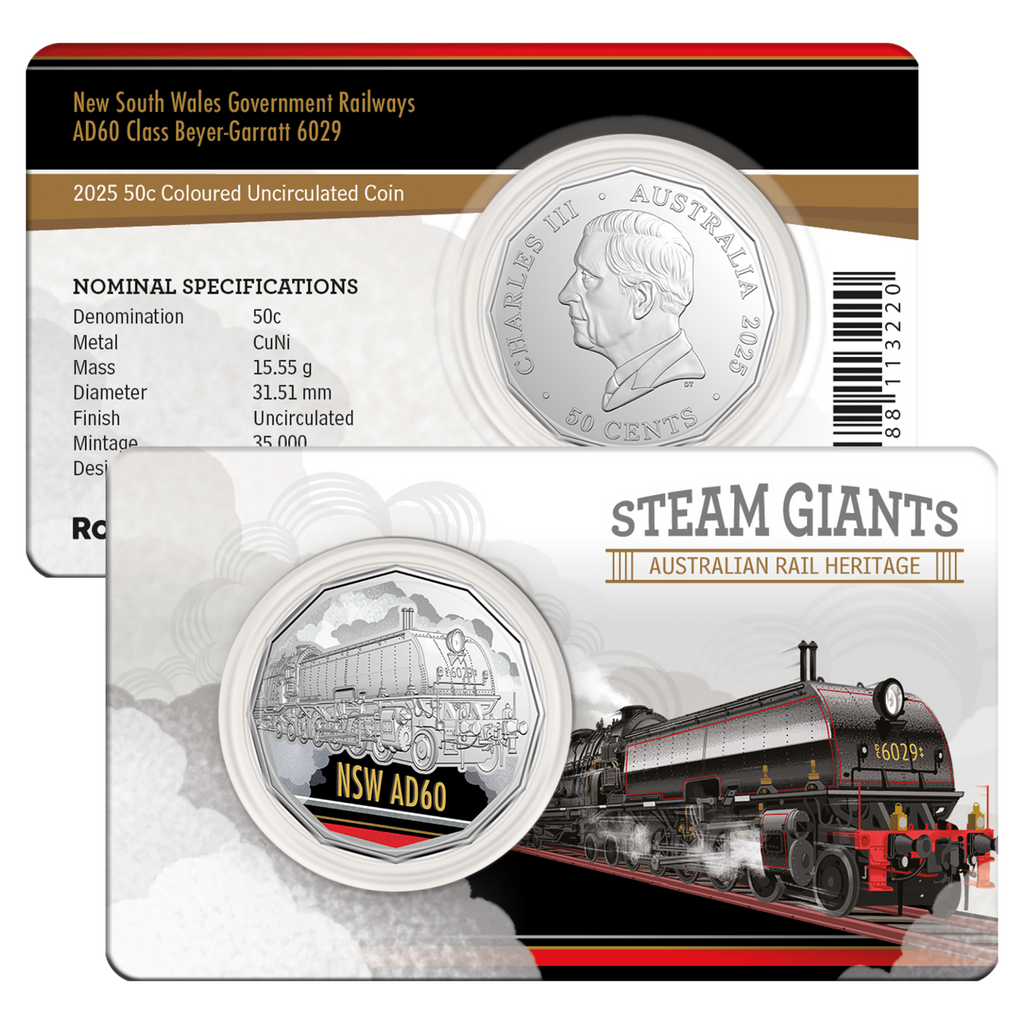 Steam Giants 50c Carded Coin | AD60 Class Beyer-Garratt 6029 NSW Gov Railways