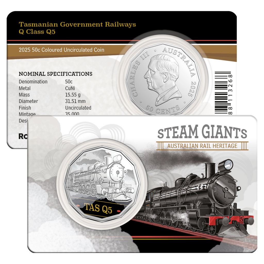 Steam Giants 50c Carded Coin | Q Class Q5 Tasmania Government Railways