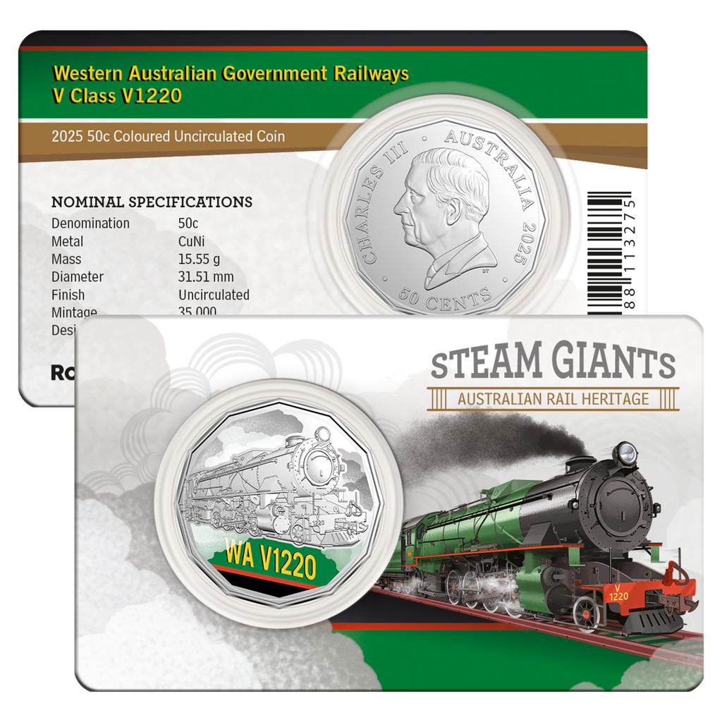 Steam Giants 50c Carded Coin | V Class V1220 WA Government Railways