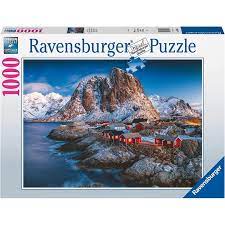 1000 Piece Ravensburger jigsaw puzzle of Village on Lofoten Islands.
