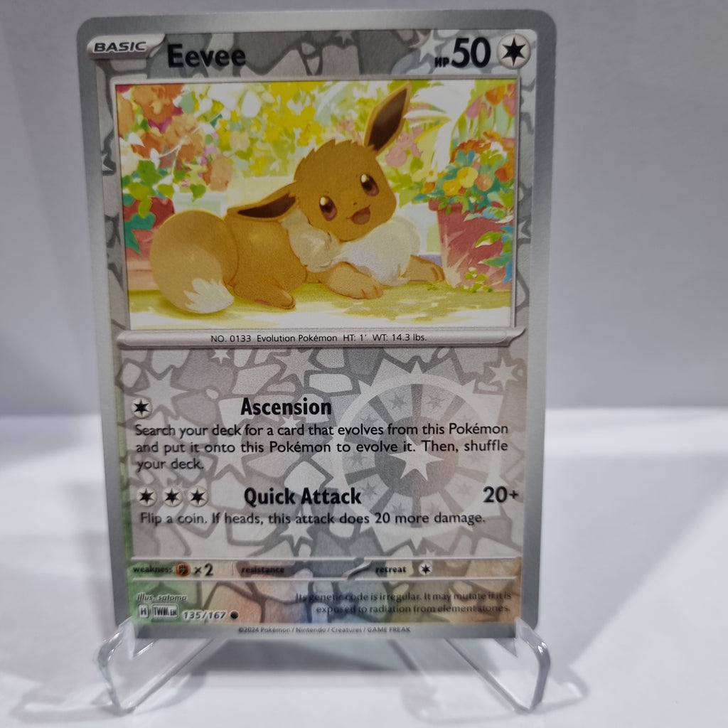 Pokemon TCG - Twilight Masquerade - #135 - Eevee - Reverse Holo Common Funporium Pokemon TCG - Twilight Masquerade - #135 - Eevee - Reverse Holo Common Funporium