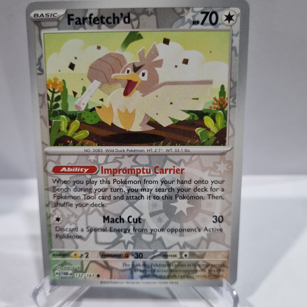 Pokemon TCG Scarlet & Violet expansion Twilight Masquerades. Farfetch'd Reverse Holo card.