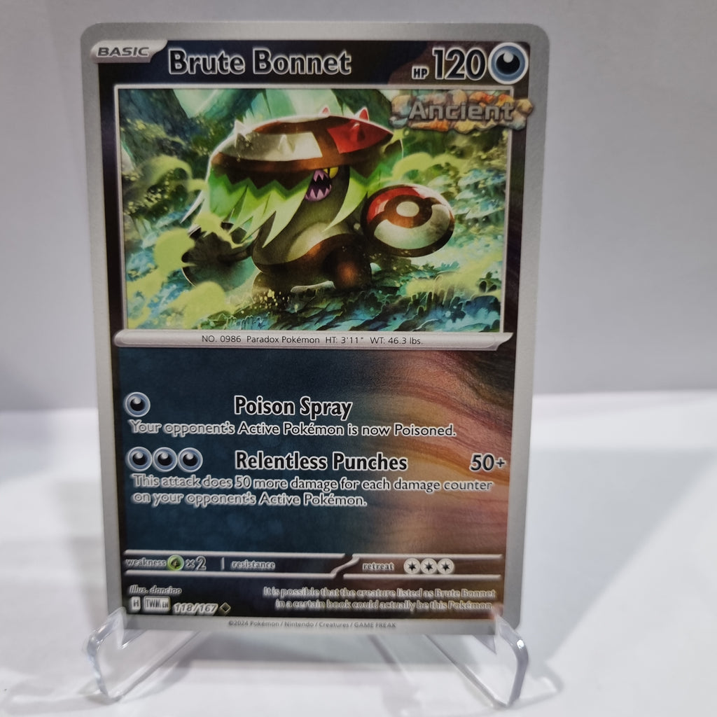 Pokemon TCG Scarlet & Violet expansion Twilight Masquerades. Brute Bonnet Reverse Holo card.