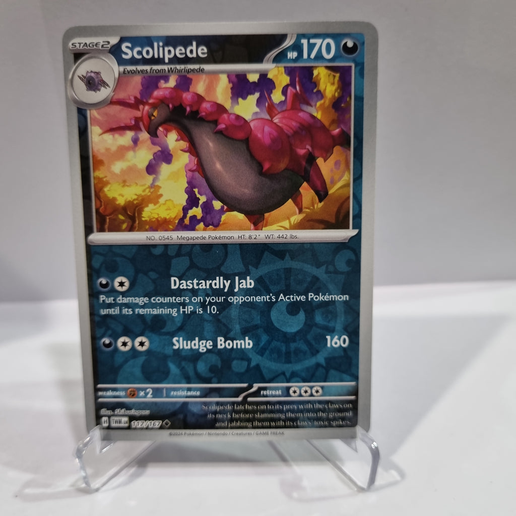 Pokemon TCG Scarlet & Violet expansion Twilight Masquerades. Scolipede Reverse Holo card.