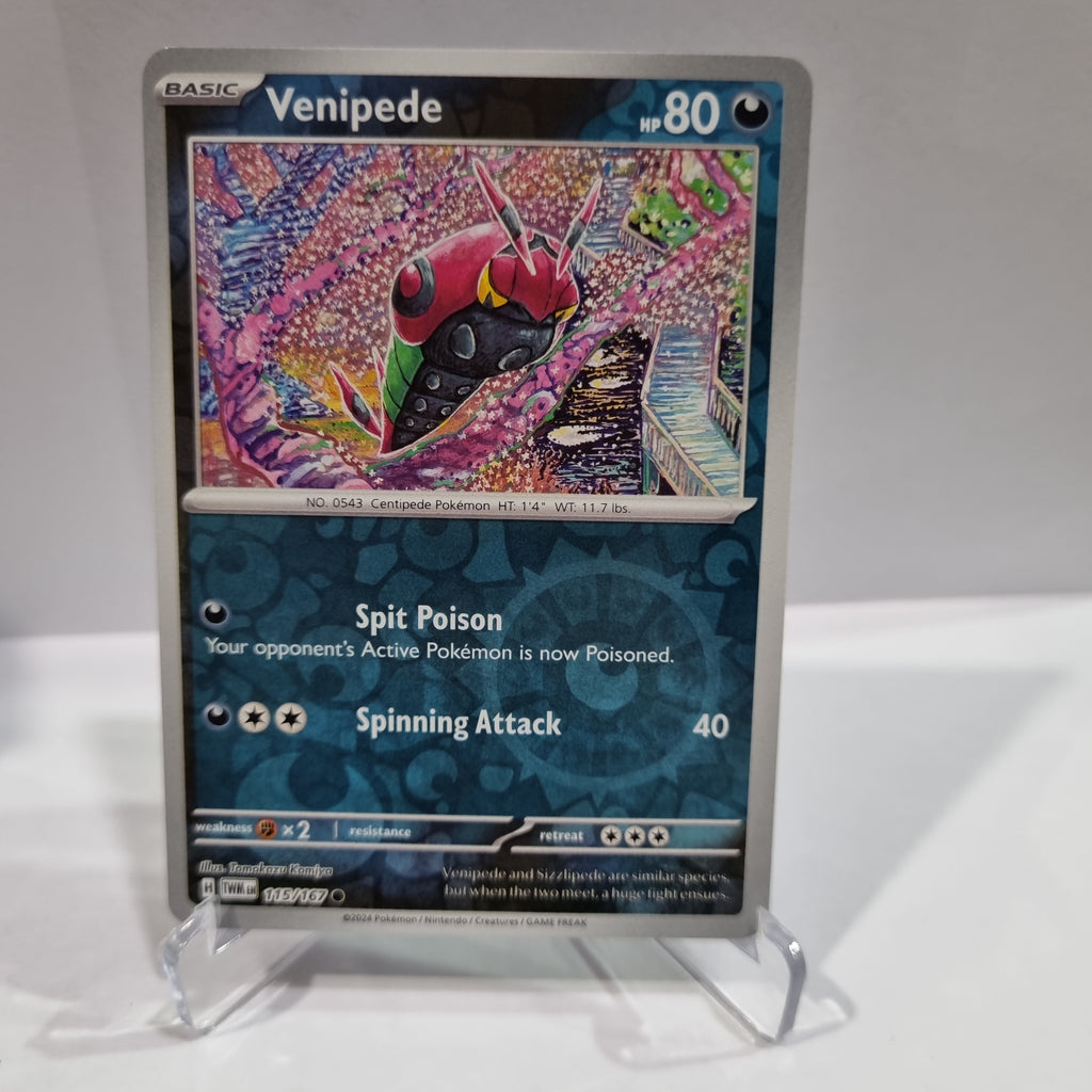 Pokemon TCG Scarlet & Violet expansion Twilight Masquerades. Venipede Reverse Holo card.