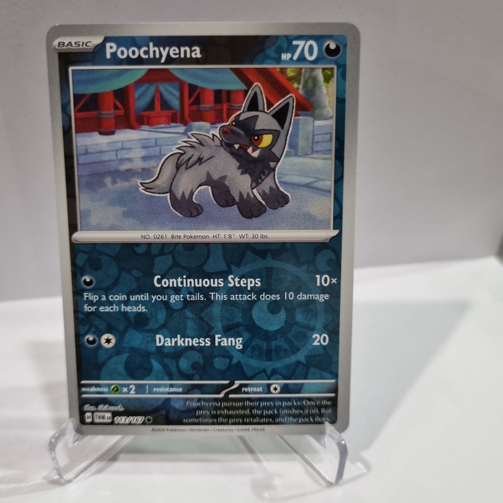 Pokemon TCG Scarlet & Violet expansion Twilight Masquerades. Poochyena Reverse Holo card.