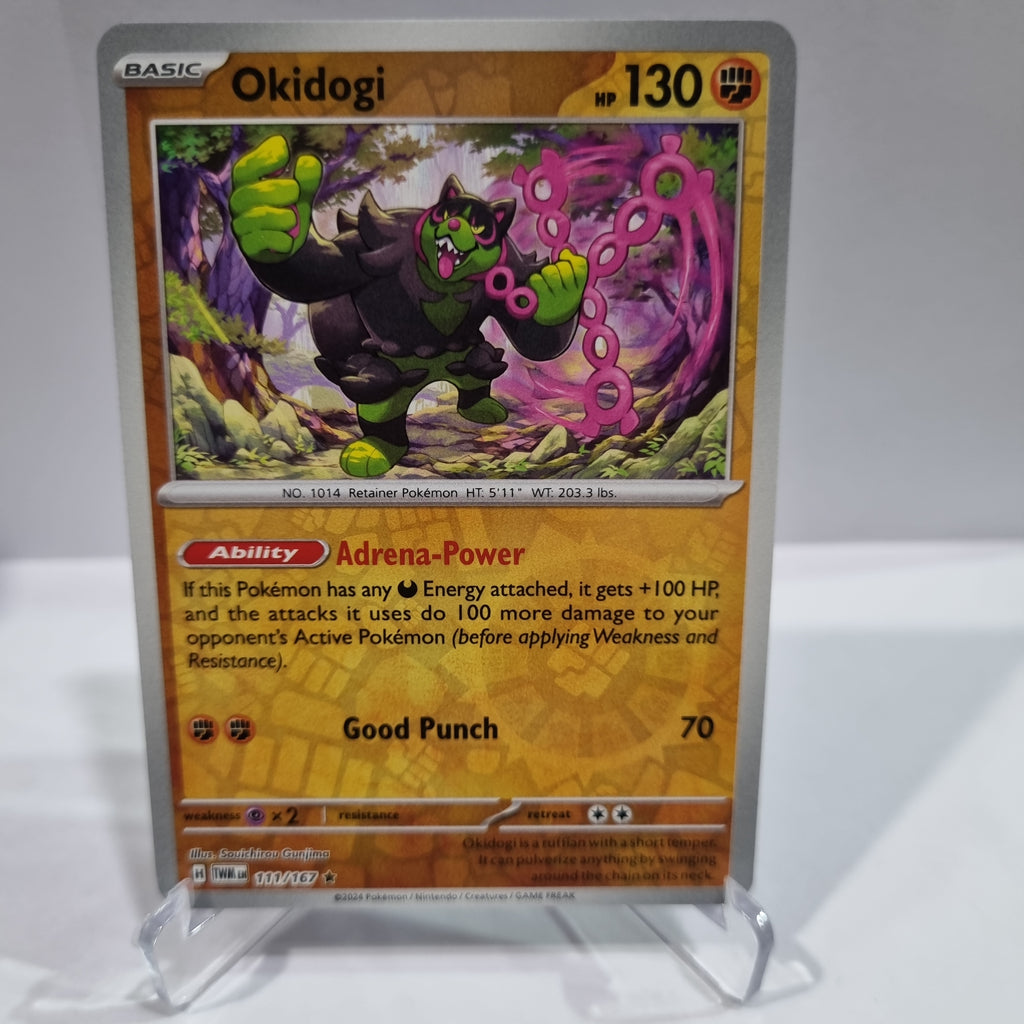 Pokemon TCG Scarlet & Violet expansion Twilight Masquerades. Okidogi Reverse Holo card.