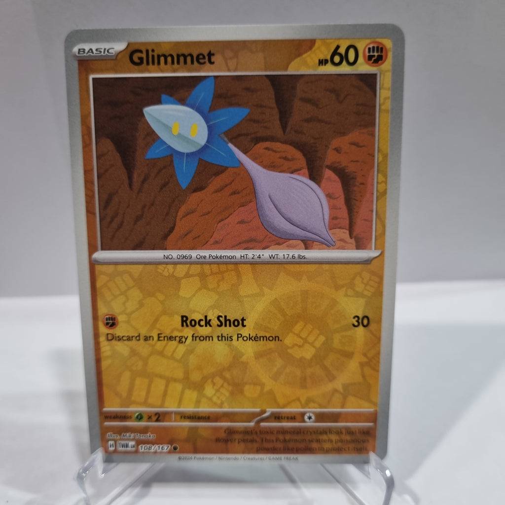 Pokemon TCG Scarlet & Violet expansion Twilight Masquerades. Glimmet Reverse Holo card.