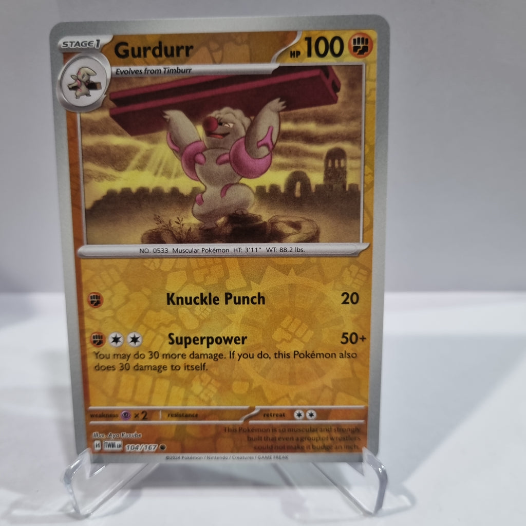 Pokemon TCG Scarlet & Violet expansion Twilight Masquerades. Gurdurr Reverse Holo card.