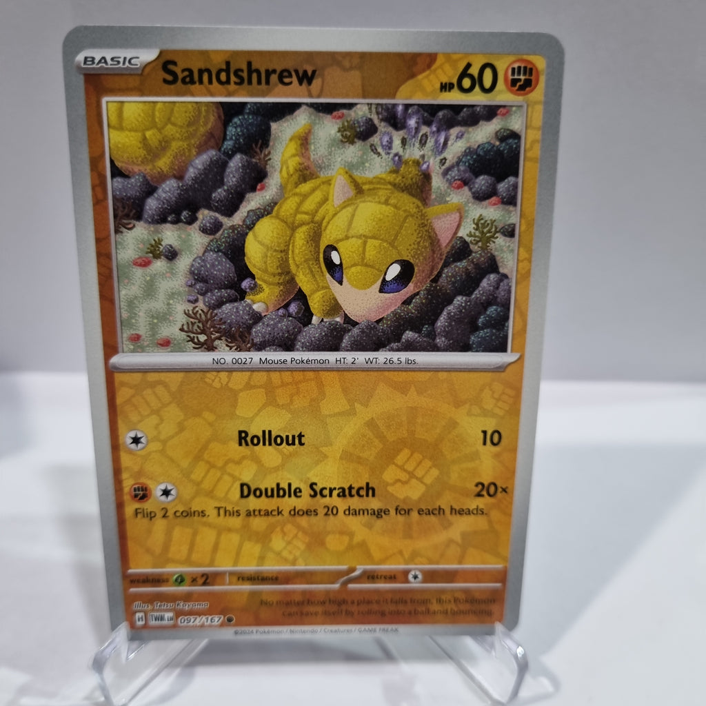 Pokemon TCG Scarlet & Violet expansion Twilight Masquerades. Sandshrew Reverse Holo card.