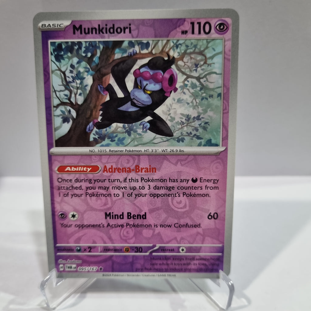 Pokemon TCG Scarlet & Violet expansion Twilight Masquerades. Munkidori Reverse Holo card.