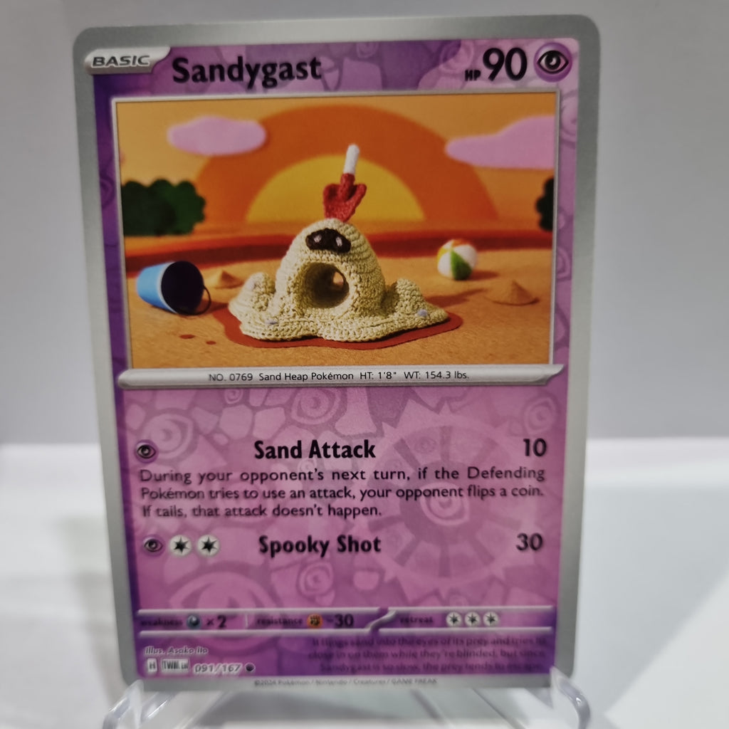 Pokemon TCG Scarlet & Violet expansion Twilight Masquerades. Sandygast Reverse Holo card.