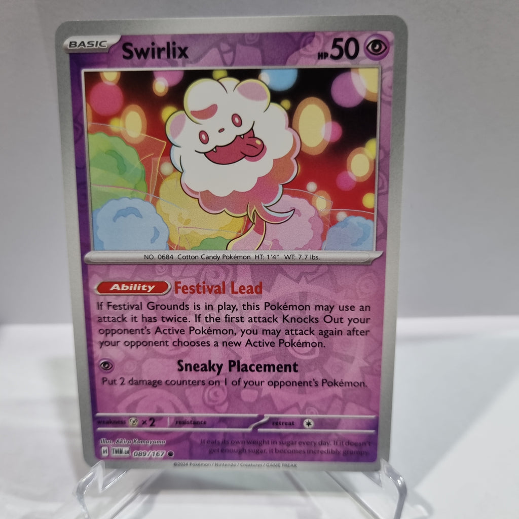 Pokemon TCG Scarlet & Violet expansion Twilight Masquerades. Swirlix Reverse Holo card.