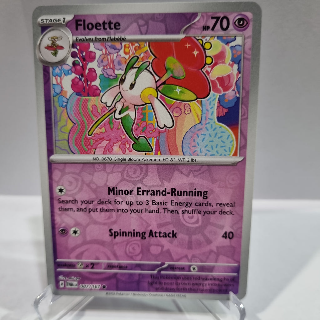 Pokemon TCG Scarlet & Violet expansion Twilight Masquerades. Floette Reverse Holo card.