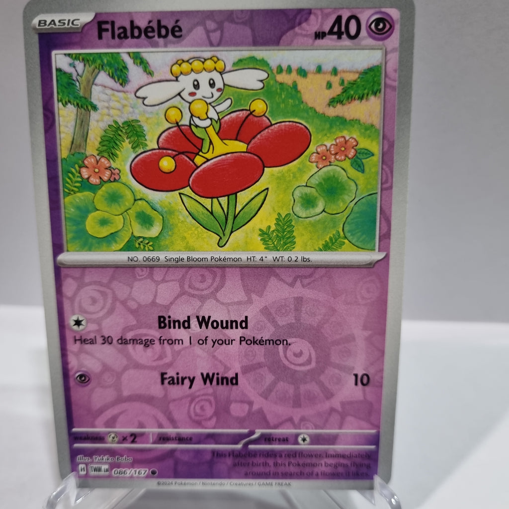 Pokemon TCG Scarlet & Violet expansion Twilight Masquerades. Flabebe Reverse Holo card.