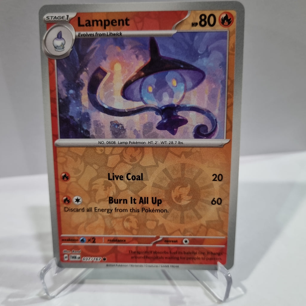 Pokemon TCG Scarlet & Violet expansion Twilight Masquerades. Lampent Reverse Holo card.