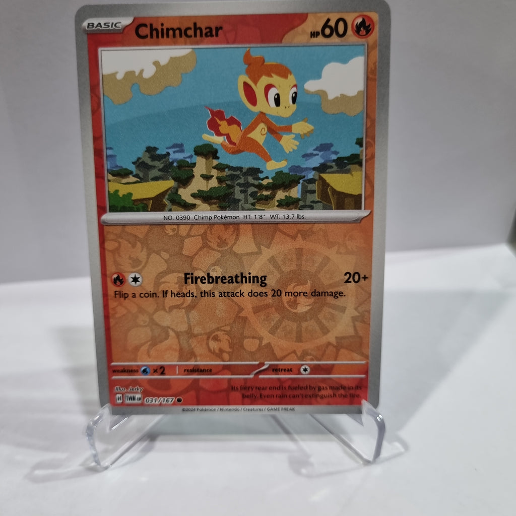 Pokemon TCG Scarlet & Violet expansion Twilight Masquerades. Chimchar Reverse Holo card.