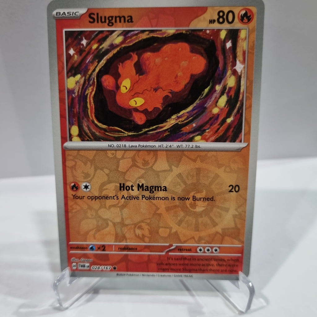 Pokemon TCG Scarlet & Violet expansion Twilight Masquerades. Slugma Reverse Holo card.