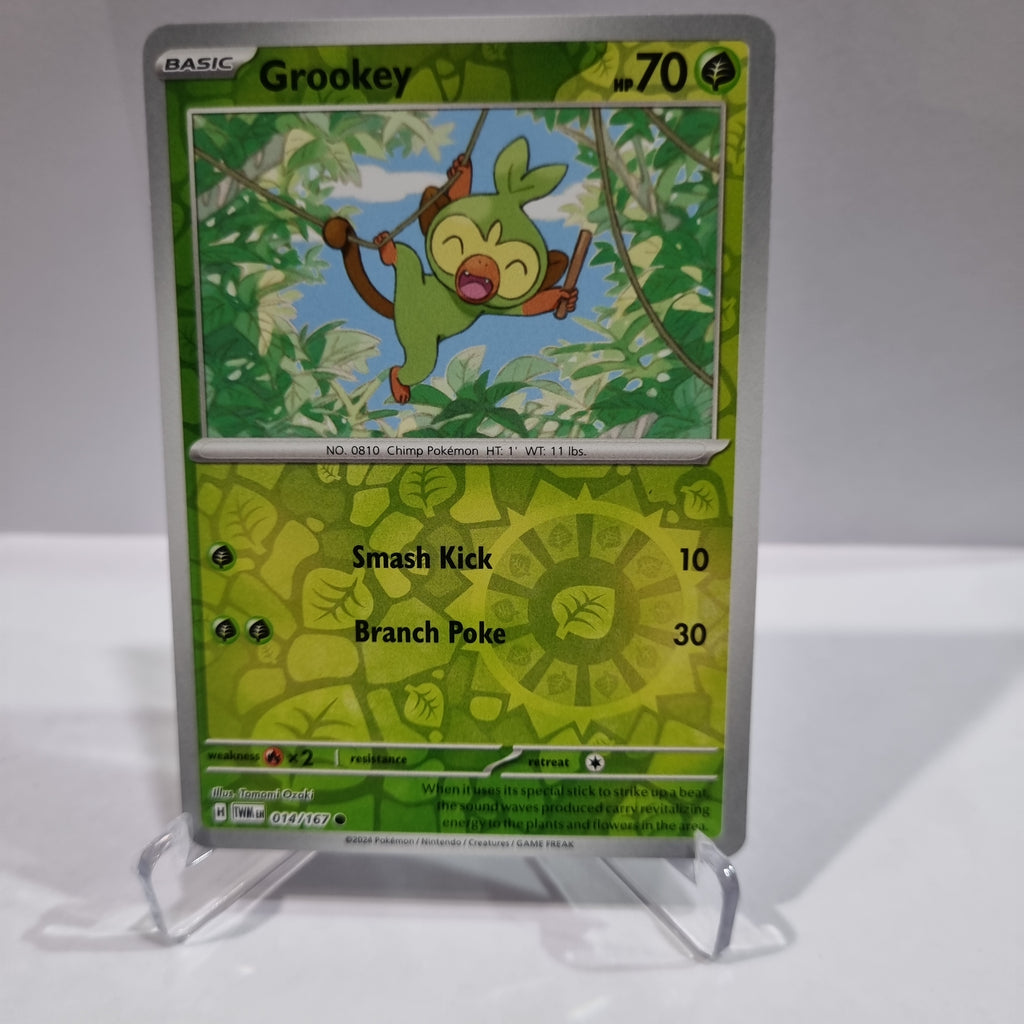 Pokemon TCG Scarlet & Violet expansion Twilight Masquerades. Grookey Reverse Holo card.