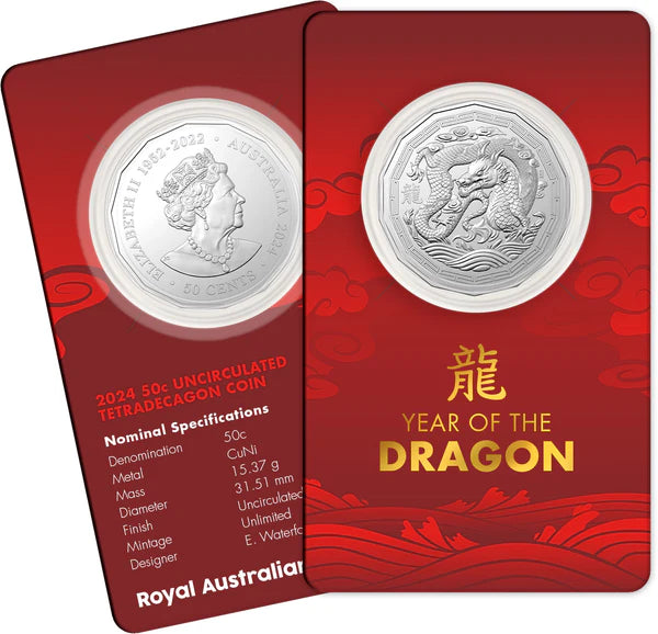 Lunar New Year of the Dragon 2024. 50c Carded Uncirculated coin from the Royal Australian Mint.