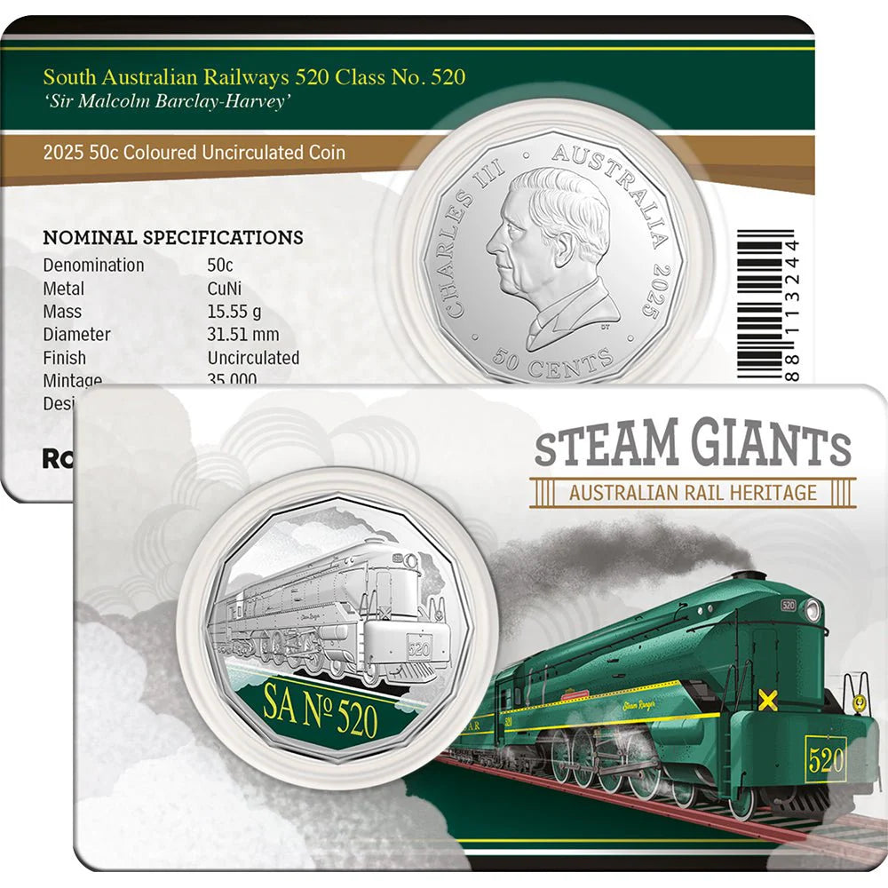 Steam Giants 50c Carded Coin | Sir Malcolm Barclay-Harvey S.A. Railways #520