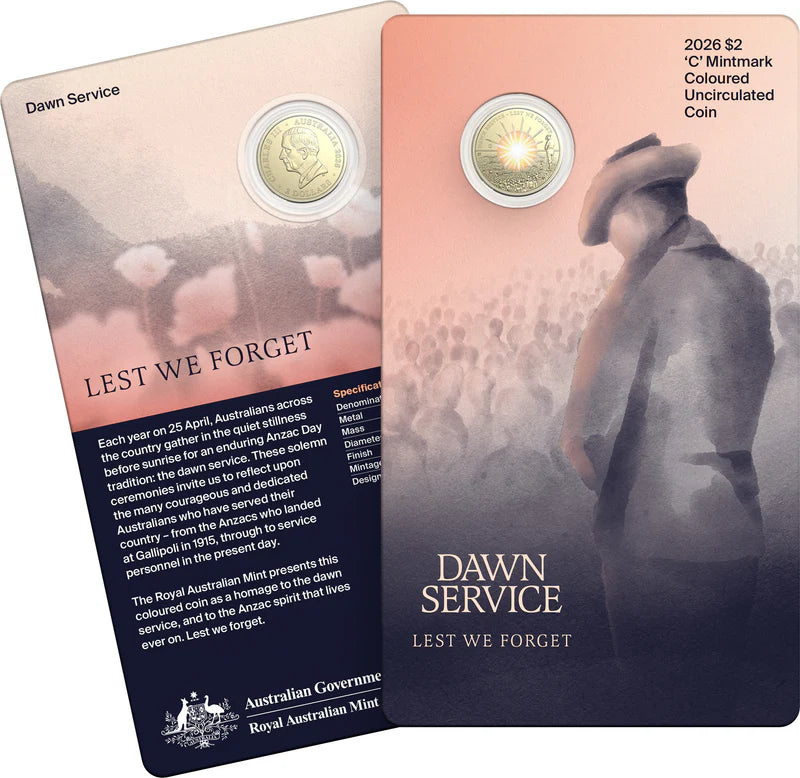 2026 $2 Unc Coloured C Mintmark Carded Coin Dawn Service Royal Australian Mint