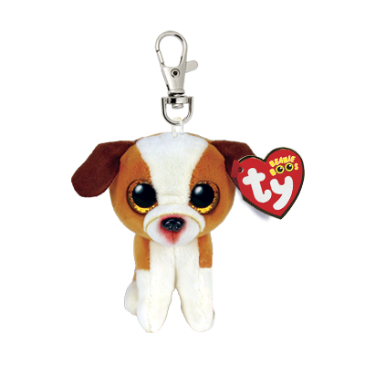 Hugo the Brown & White Dog as a clip on keychain from TY Beanie Boos.