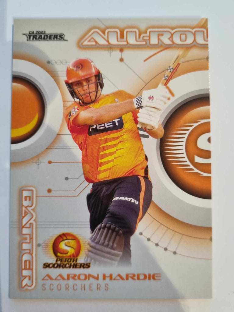 2023 Cricket Australia trading cards. All-Rounders insert series featuring Aaron Hardie of the Scorchers.