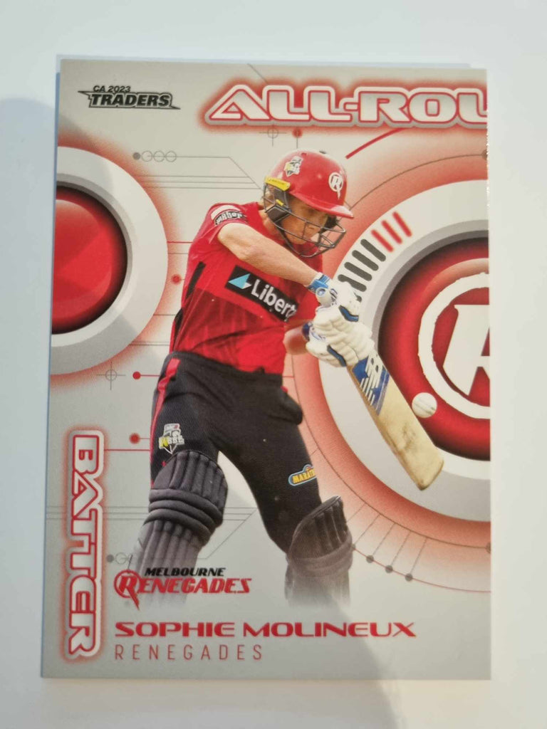2023 Cricket Australia trading cards. All-Rounders insert series featuring Sophie Molineux of the Renegades.