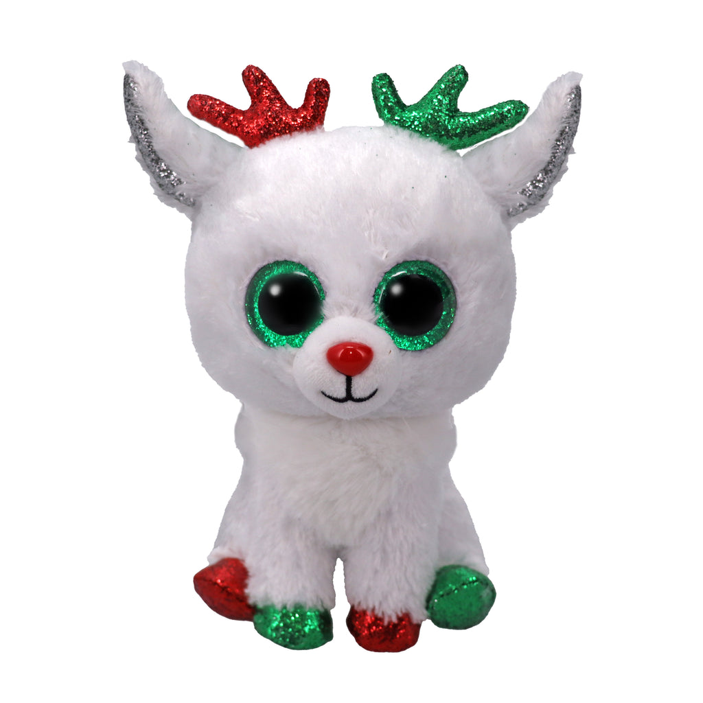 Snowdrop the Reindeer TY Beanie Boo plush toy with soft brown fur, glittering antlers and large sparkly eyes