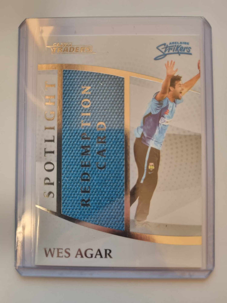 2023 Cricket Australia trading cards. Spotlight Jersey Redemption card for Adelaide Strikers player Wes Agar #066/104. 