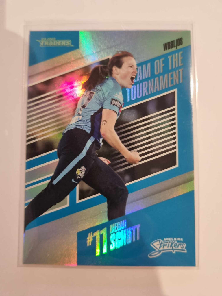 2023 Cricket Australia trading cards. 22/23 Team of the Tournament insert series featuring Megan Schutt of the Strikers.