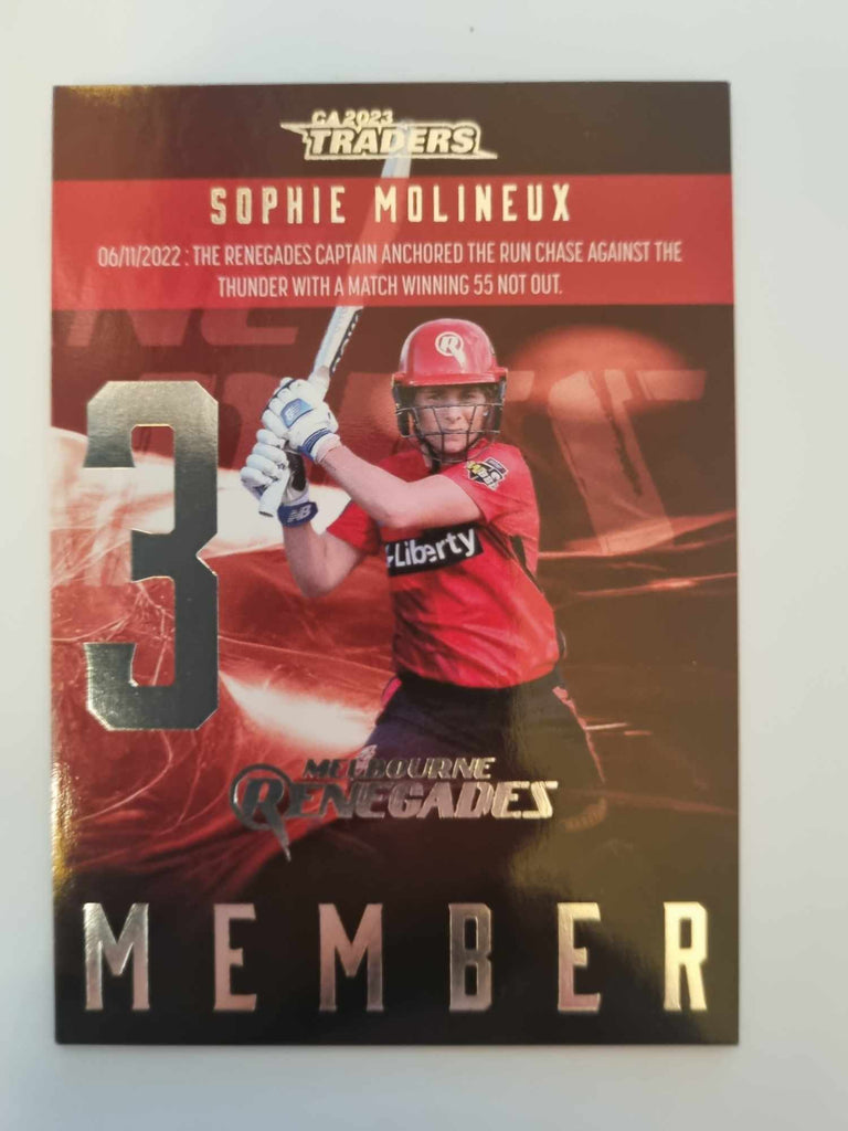2023 Cricket Australia trading cards. 2022/23 Season to Remember insert series featuring Sophie Molineux of the Renegades.