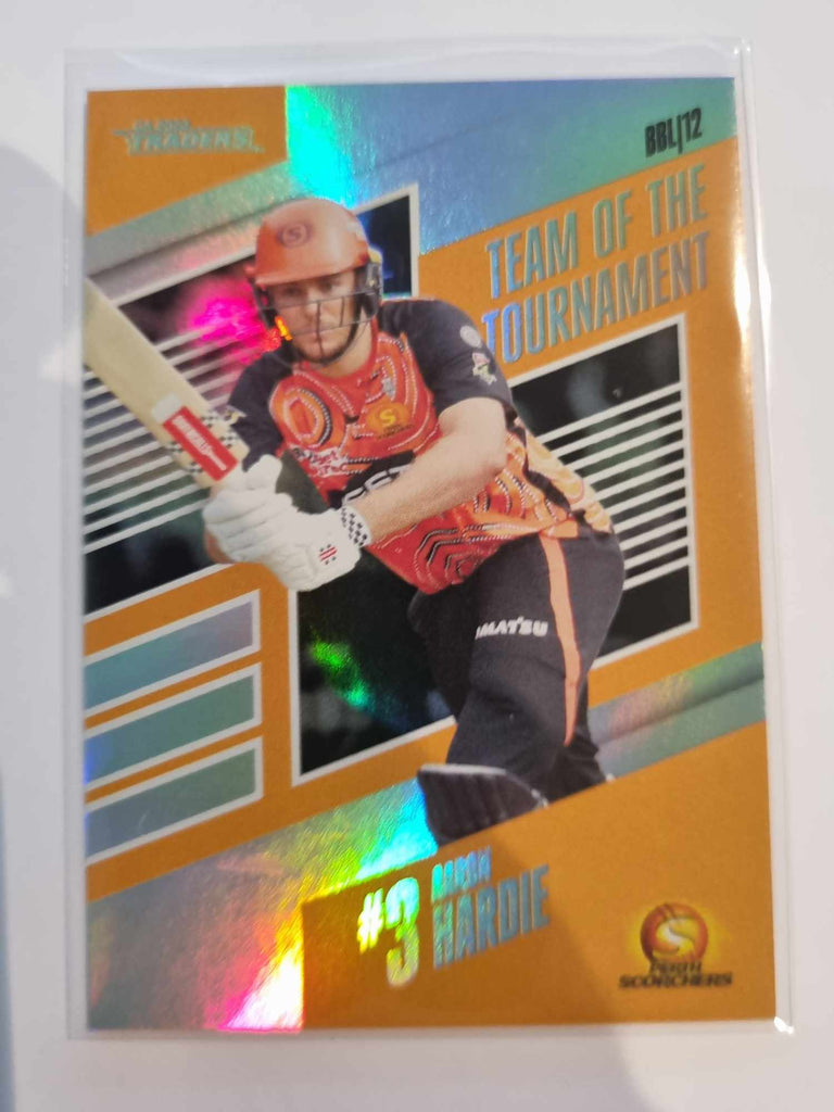 2023 Cricket Australia trading cards insert series 22/23 Team of the Tournament featuring Aaron Hardie of the Scorchers.
