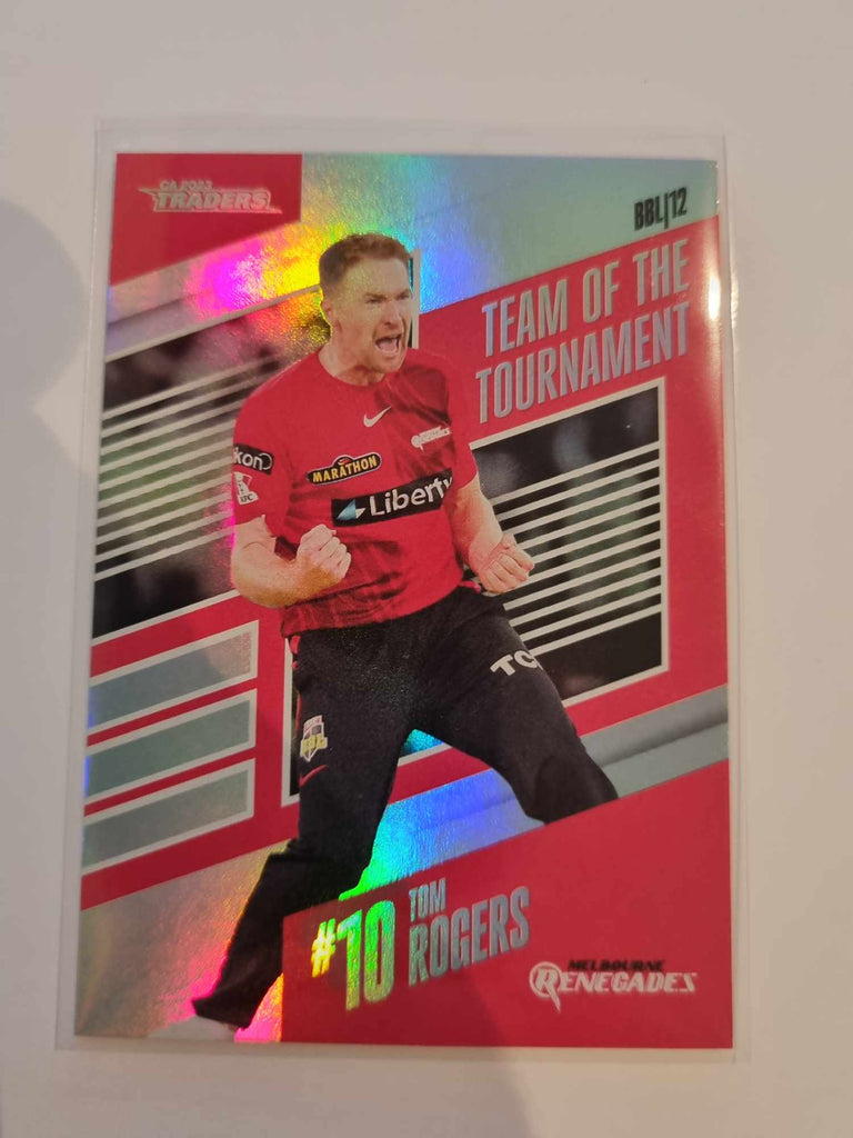 2023 Cricket Australia trading cards. 22/23 Team of the Tournament insert series featuring Tom Rogers of the Renegades.
