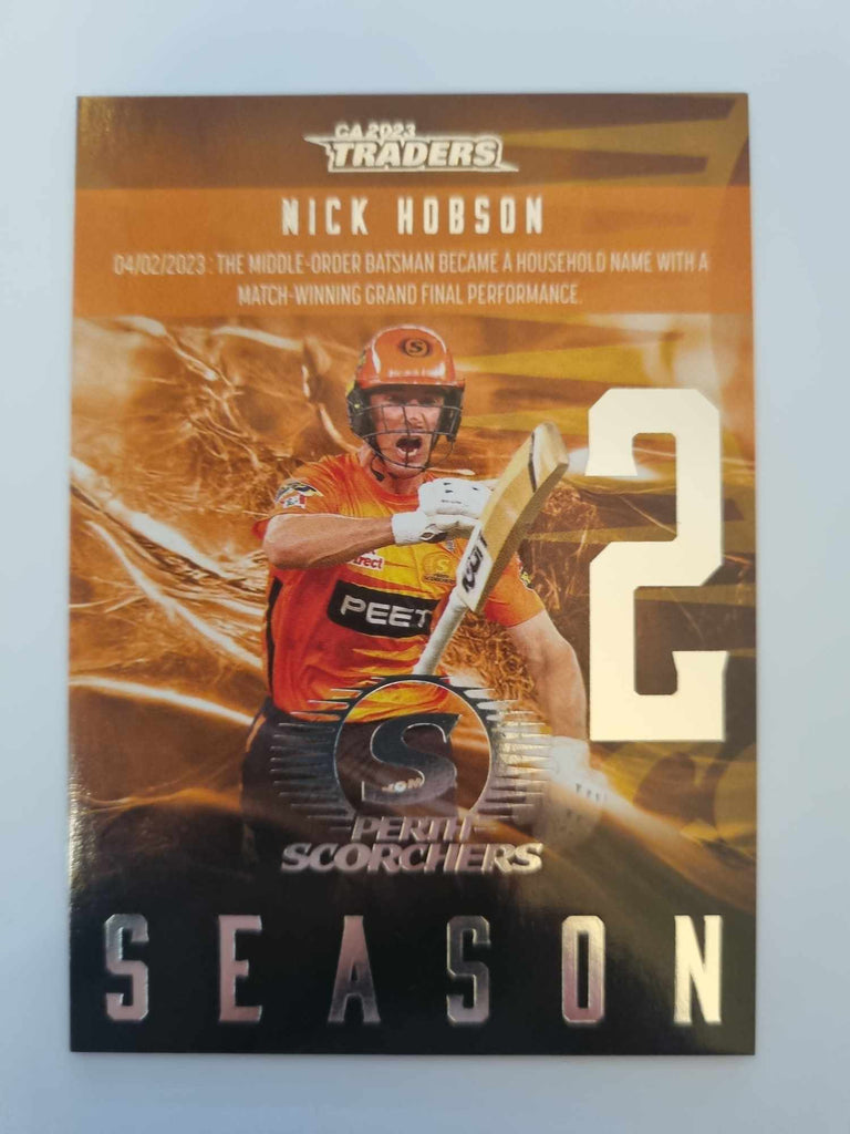 2023 Cricket Australia trading cards. 2022/23 Season to Remember insert series featuring Nick Hobson of the Scorchers.