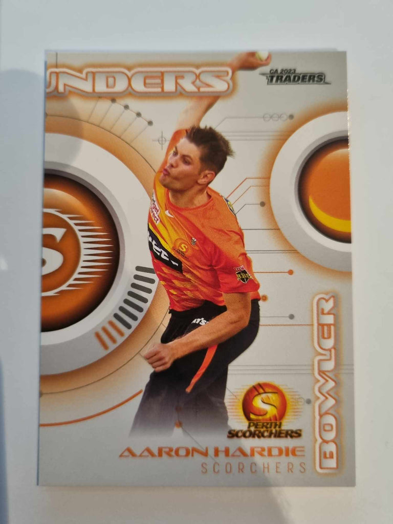 2023 Cricket Australia trading cards. All-Rounders insert series featuring Aaron Hardie of the Scorchers.