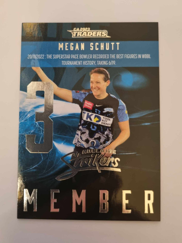 2023 Cricket Australia trading cards. 2022/23 Season to Remember insert series featuring Megan Schutt of the Strikers.