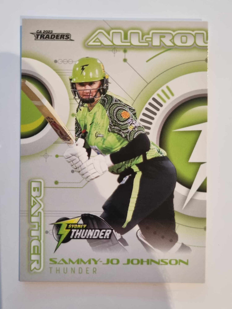 2023 Cricket Australia trading cards. All-Rounders insert series featuring Sammy-Jo Johnson of the Thunder.