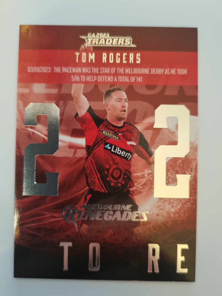 2023 Cricket Australia trading cards. 2022/23 Season to Remember insert series featuring Tom Rogers of the Renegades.
