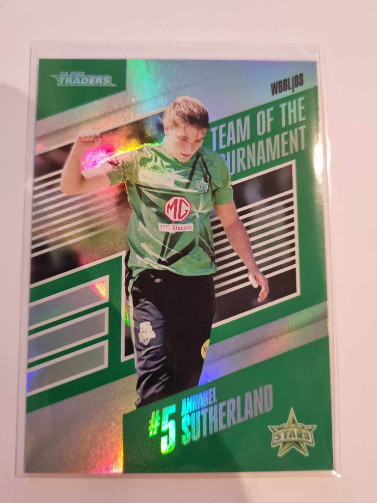 2023 Cricket Australia trading cards. Insert Series 22/23 Team of the Tournament featuring Annabel Sutherland of the Stars.