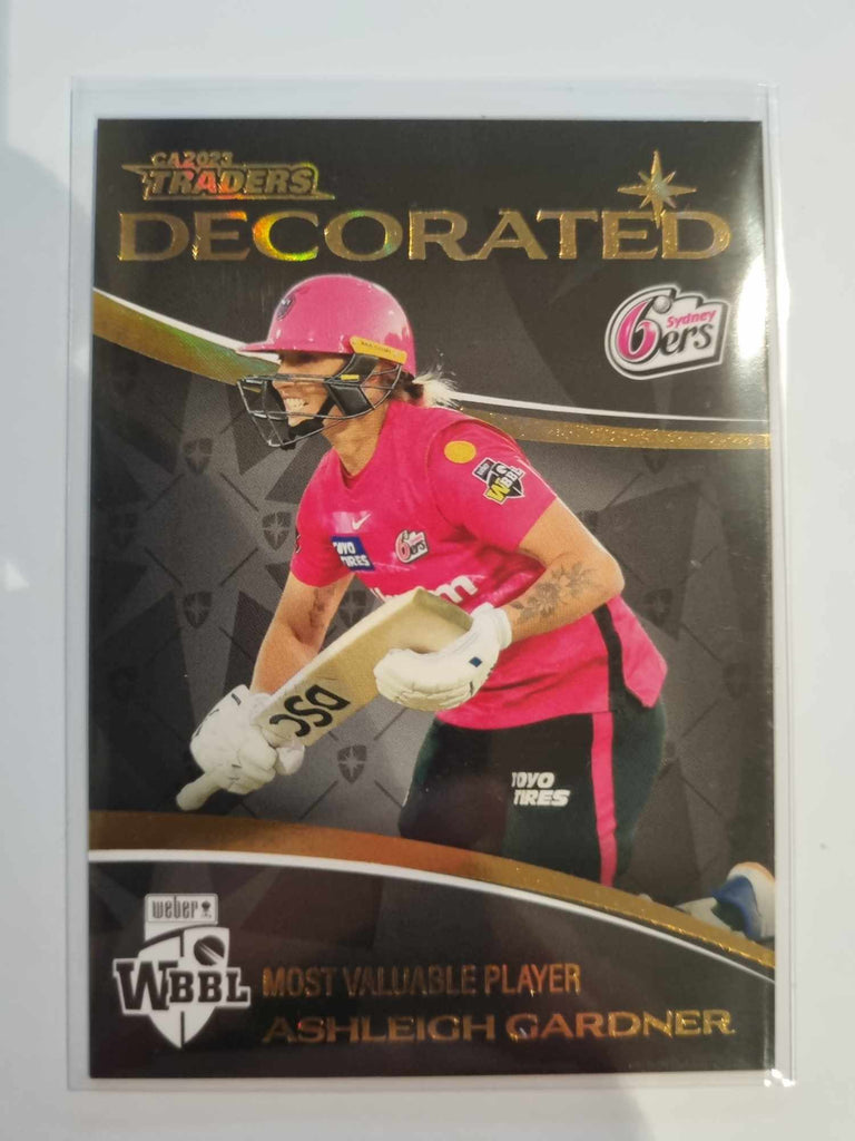 2023 Cricket Australia trading cards. Decorated insert series featuring Ashleigh Gardner of the Sixers.