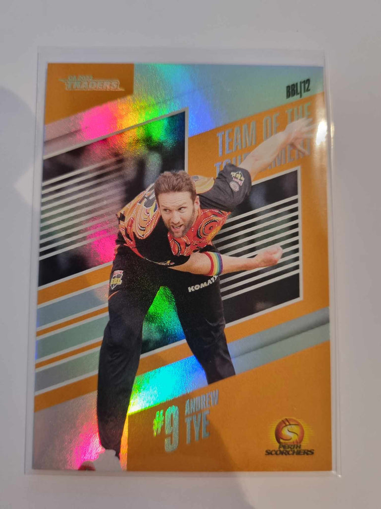 2023 Cricket Australia trading cards insert series 22/23 Team of the Tournament featuring Andrew Tye of the Scorchers.