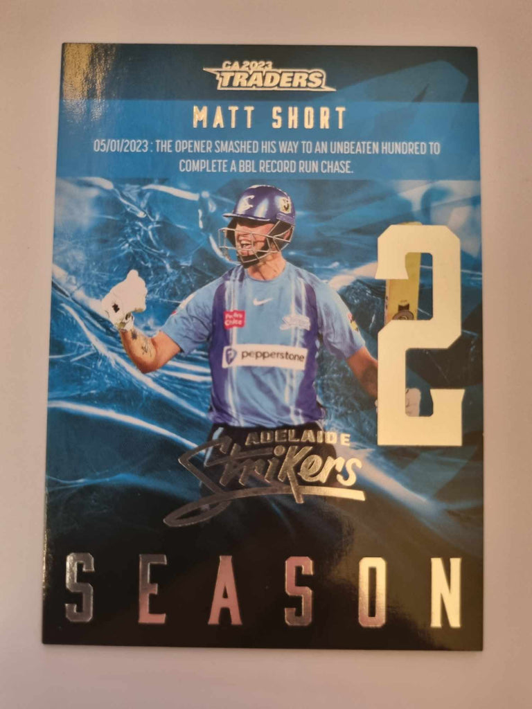 2023 Cricket Australia trading cards. 2022/23 Season to Remember insert series featuring Matt Short of the Strikers.
