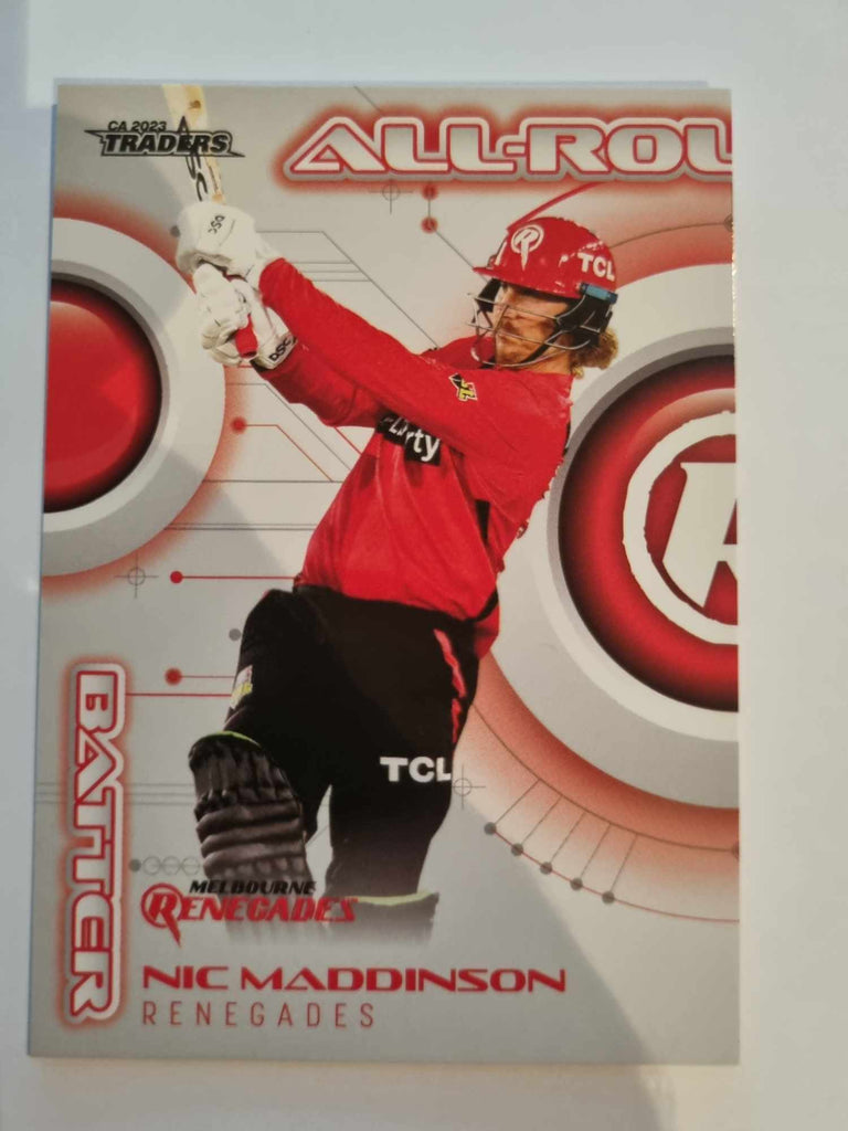 2023 Cricket Australia trading cards. All-Rounders insert series featuring Nic Maddinson of the Renegades.