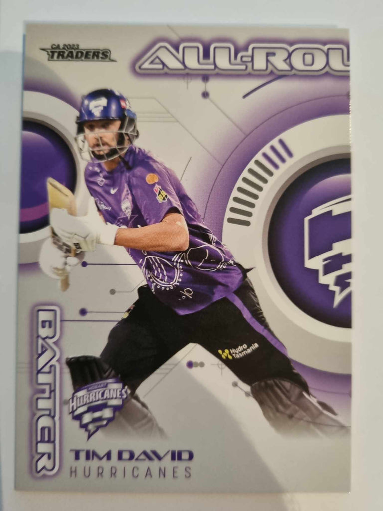 2023 Cricket Australia trading cards. All-Rounders insert series featuring Tim David of the Hurricanes.