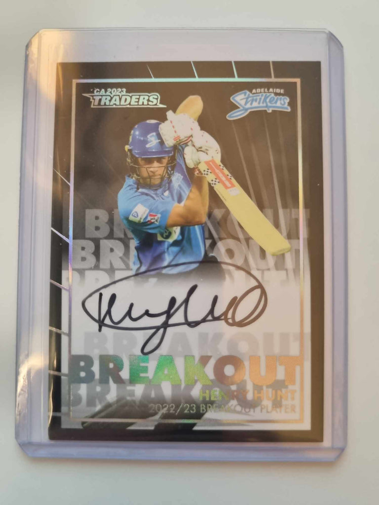 2023 Cricket Australia trading cards. Breakouts Black Signature featuring Henry Hunt of the Adelaide Strikers numbered #049/166.