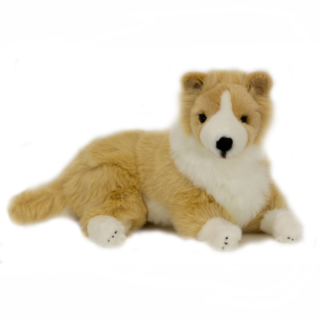 Biscuit the tan Border Collie dog. 40cm lying down plush pets from Bocchetta.